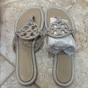 Tory Burch Miller Knotted Pave Embellished Crystal/Suede Stone Gray/Silver